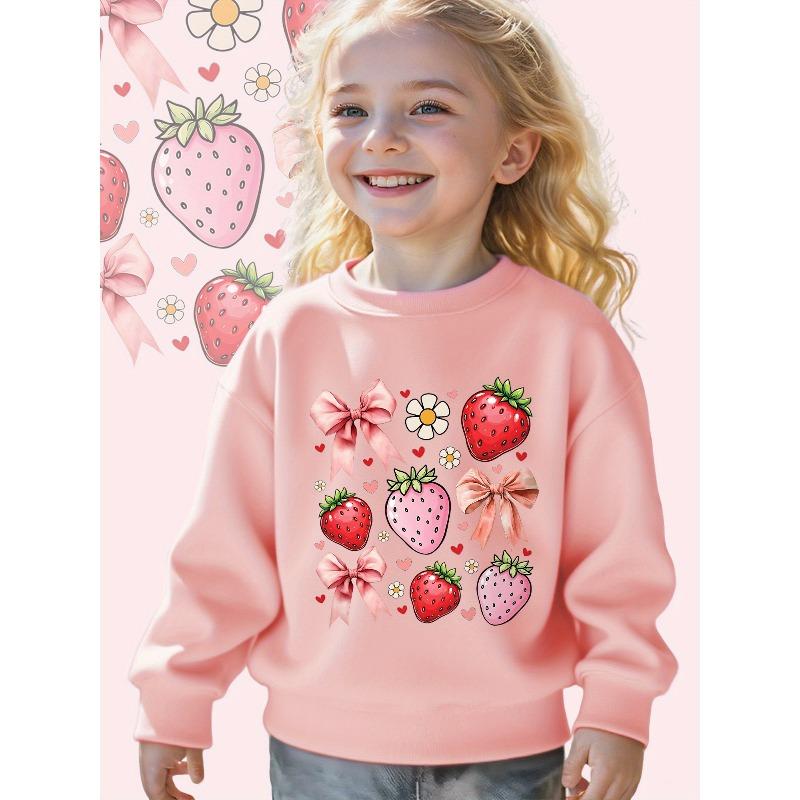Kids Sweatshirt Sweet Strawberry: A Playful Design Featuring Strawberries, Bows, And Flowers on a Long Sleeve Crewneck Sweatshirt