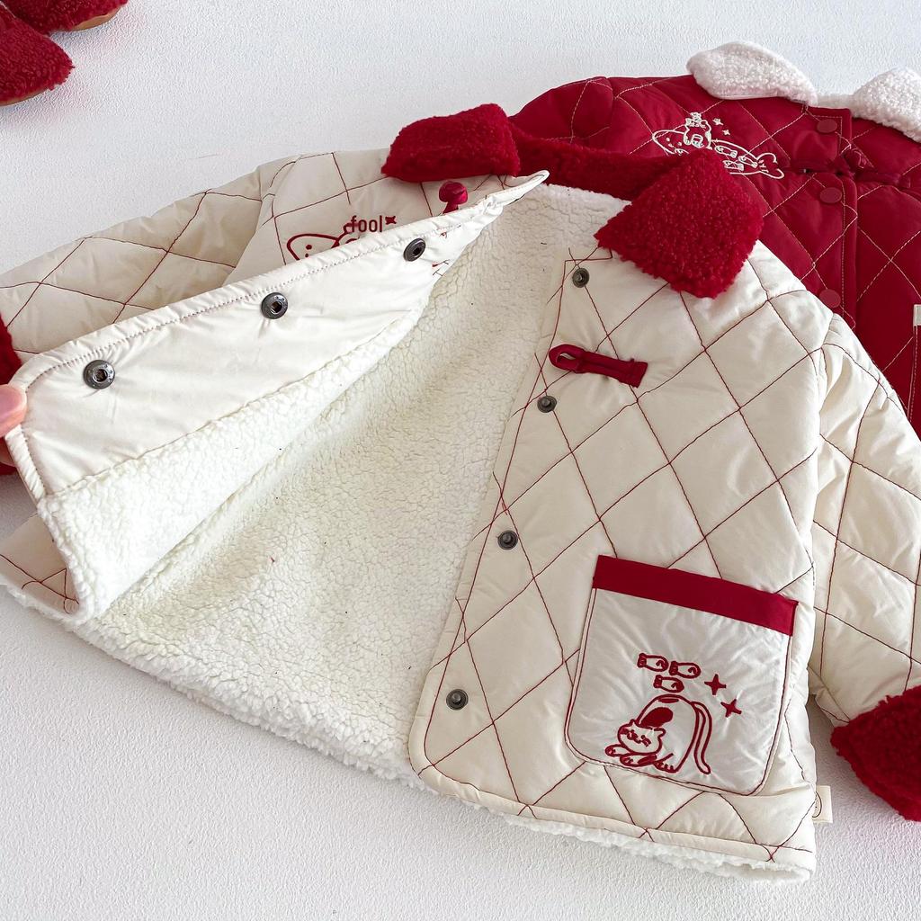 2025 Winter Boys' Cartoon Embroidered Plus Velvet Cotton Jacket