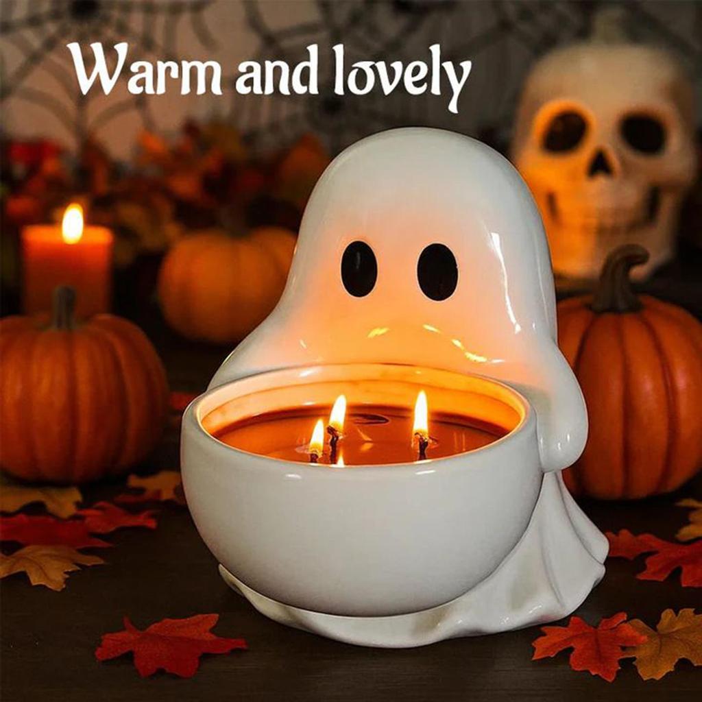 Halloween Candle Holder Ghost Figurine Candle Holder Desk Decor Resin Cute Guardians Ghost Statue Aromatherapy Candlestick