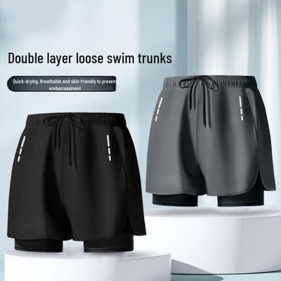 Men's Loose Quick-Dry Double-Layer Swim Trunks - Breathable, Anti-Embarrassment, Perfect for Swimming, Running, and Hot Springs.