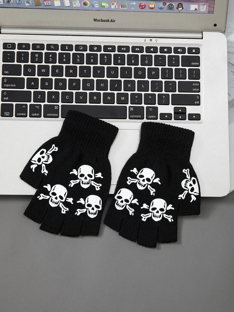 1 pair New Kids Halloween Skeleton Skull Half Finger Luminous Punk Gloves Winter Skull Fingerless Black Mitten