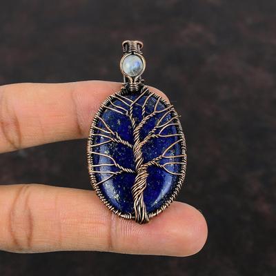 Wisiorek Drzewo Życia Lapis Lazuli Wisiorek Księżycowy Kamień Tęczowy Wisiorek Owinięty Drutem Miedzianym Ręcznie Robiony Unikalny Wisiorek z Kamienia Szlachetnego Biżuteria z Drutu Miedzianego