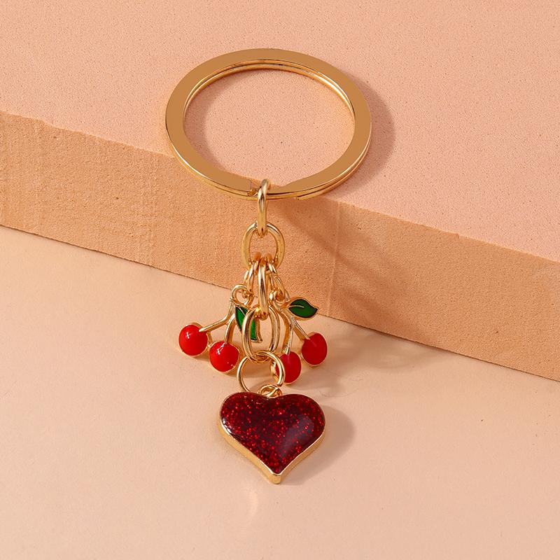 Pretty Enamel Love Heart Keychain Cherry Keyring for Women Men Car Key Holder Handbag Pendants Accessories DIY Jewelry Gift