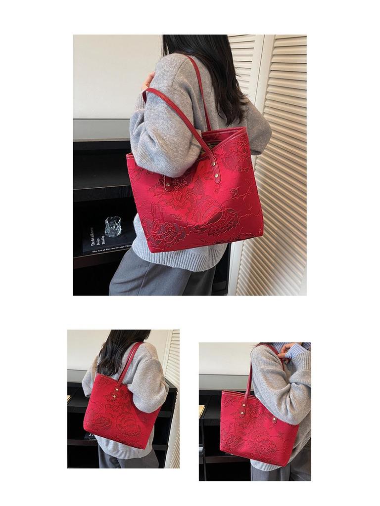 Women's Large Red Canvas Handbag - 2025 Stylish Single Shoulder Tote for Bridal Wedding Banquet