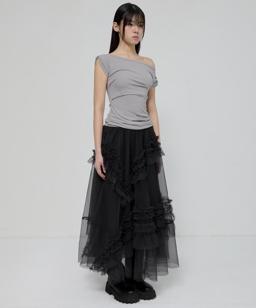 Peulleeoeob Tulle Layered Long Skirts (Fl-266_Black)