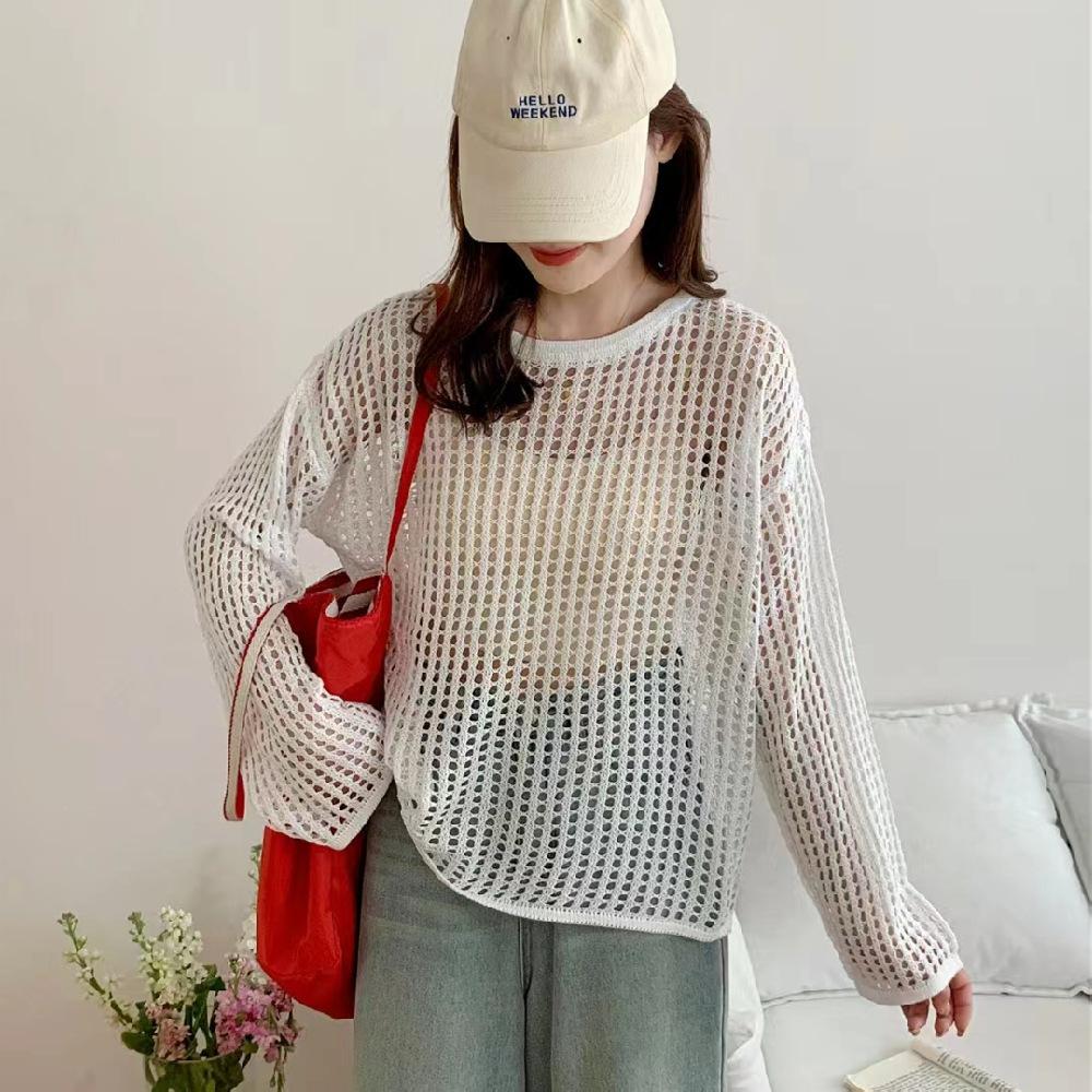 

American Spice Girl loose long-sleeved knitted sweater women s early spring solid color lazy casual hollow grid blouse top tide Average size 54-221 білий