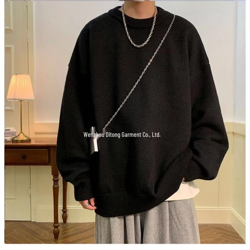 Men's Autumn Round Neck Sweater: Trendy, Handsome, Versatile Solid Color Hong Kong Style Casual Loose Top