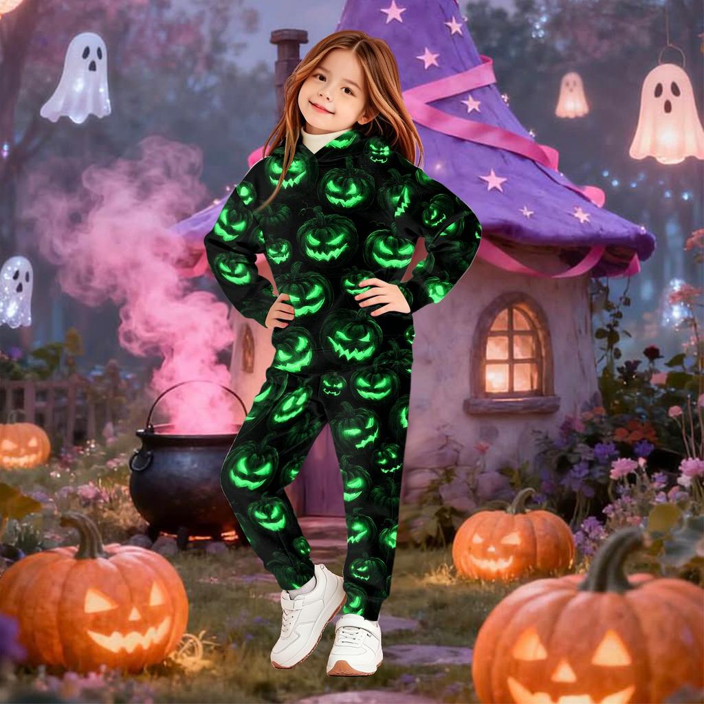 Kids' Hooded Sweatshirt Set with Halloween Print Pullover Top and Matching Pants for Boys Girls