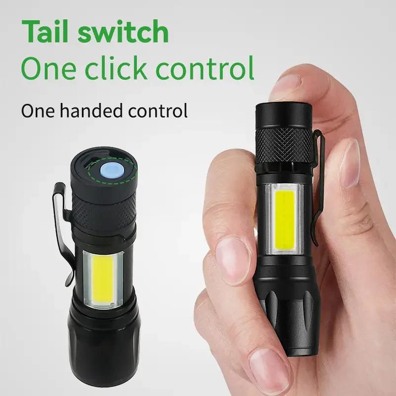 Powerful Mini LED Flashlight COB + XPE Zoom Torch Built In Battery USB Rechargeable With Pen Clip Outdoor Camping Emergency Lamp