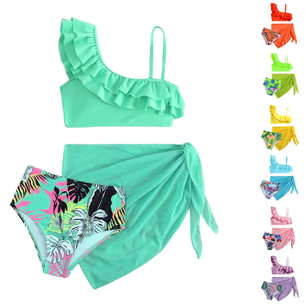 Girls Fashion High Waist Three Piece Swimsuit Set with Ruffle One Shoulder Top Printed Bottom and Sheer Wrap Skirt for Beach Pool