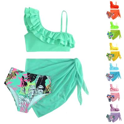 Girls Fashion High Waist Three Piece Swimsuit Set with Ruffle One Shoulder Top Printed Bottom and Sheer Wrap Skirt for Beach Pool
