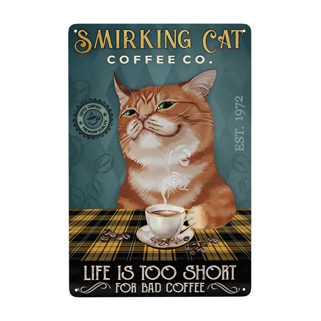 1pc Retro Cat Coffee Metal Sign Vintage A Coffee A Day Keeps The Grumpy Away for Home Coffee Shop Bar Wall Decor 8x12 Inch