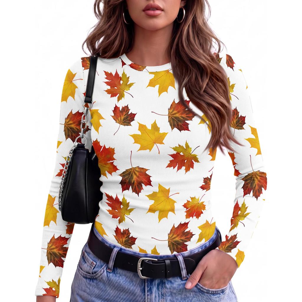 Women's Slim Fit Long Sleeve T-Shirt with Maple Leaf Print Crewneck Casual Top for Fall and Winter
