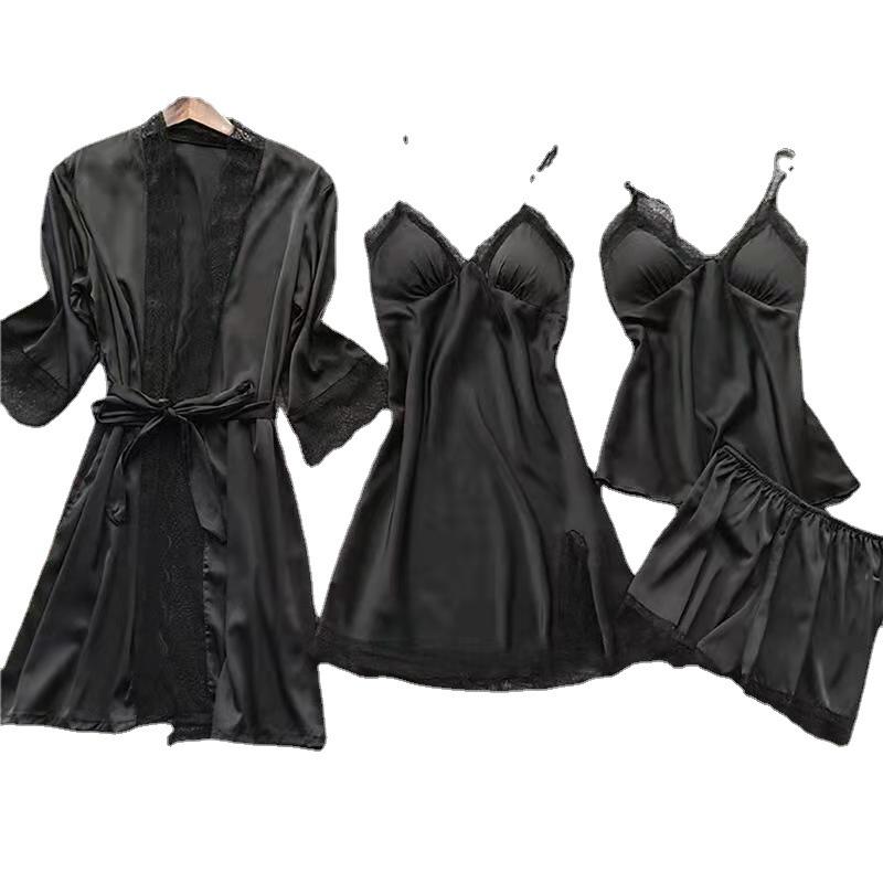 Conjunto de Camisón de Seda Helada para Mujer de Cuatro Piezas con Almohadillas en el Pecho - Lencería Primavera/Verano