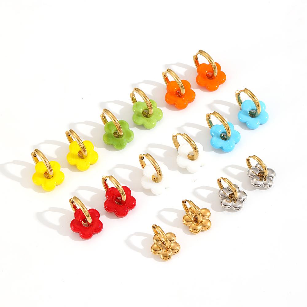 Colorful Small Flower Stainless Steel Charms Earring 18K Gold Plated Circle Ear Buckle Hoop Earrings Jewelry for Women