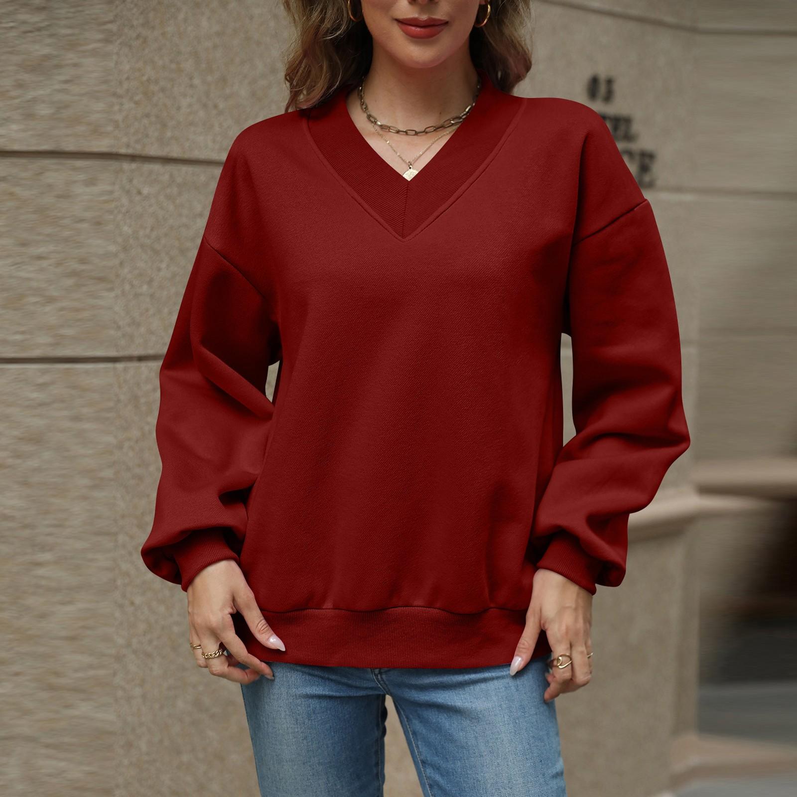 

Женская однотонная флисовая мешковатая толстовка с капюшоном и V-образным вырезом XL винный