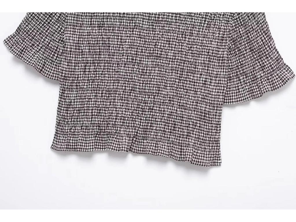 Spring 2025 Women's Plaid Short Sleeve Turn-Down Collar Shirt - European & American Style Fashion