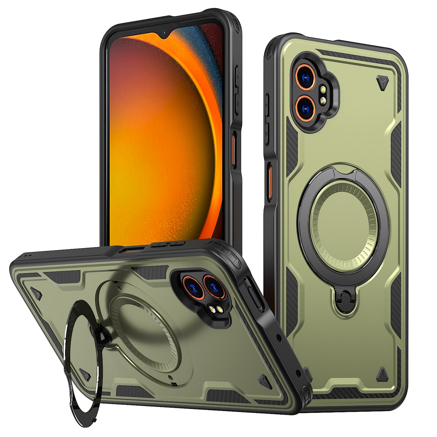 Hülle für Samsung Galaxy Xcover 7 Pro Armor Stoßfest 360° Drehbarer Magnetischer Metallständer Weicher TPU-Rahmen Harte Kunststoff Handyhülle Galaxy XCover7 Pro olivgrüne