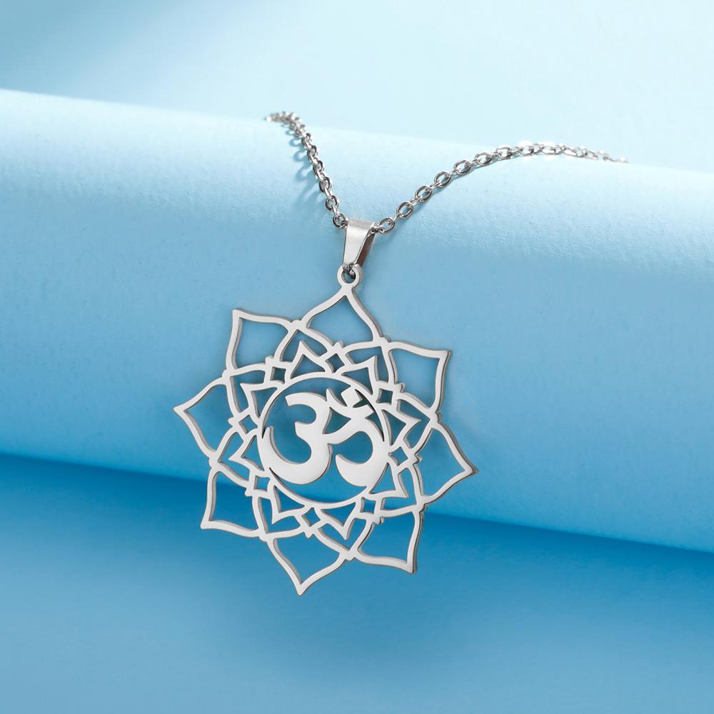 Dawapara Lotus Flower Mandala OM AUM Symbol Necklace Buddhist Chakra Yoga Jewelry Spiritual Amulet Stainless Steel