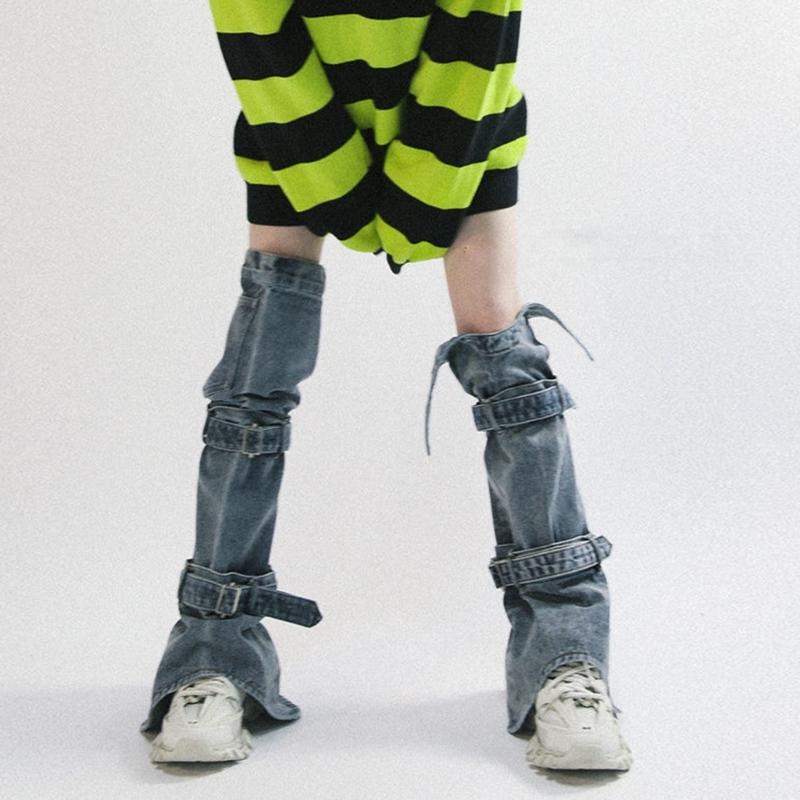 Womens Harajuku Punk Rock Denim Leg Warmer Socks Gothic Bandage Buckled Knee High Foot Cover Aesthetic Grunge Streetwear
