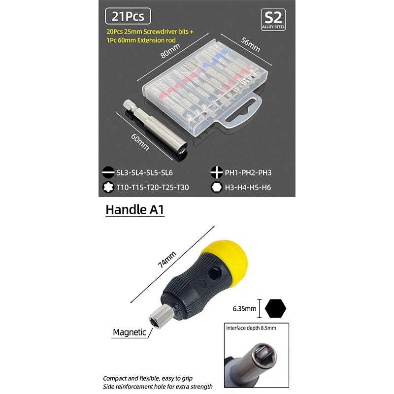 25mm Screwdriver Bits Set Slotted Phillips Pozidriv Torx Square Hexagon Bit Holder 1/4" Hex Shank Ratchet Wrench Hand Tools