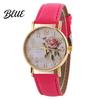Women Arabic Number Rose Flower Round Dial Faux Leather Band Quartz Wrist Watch