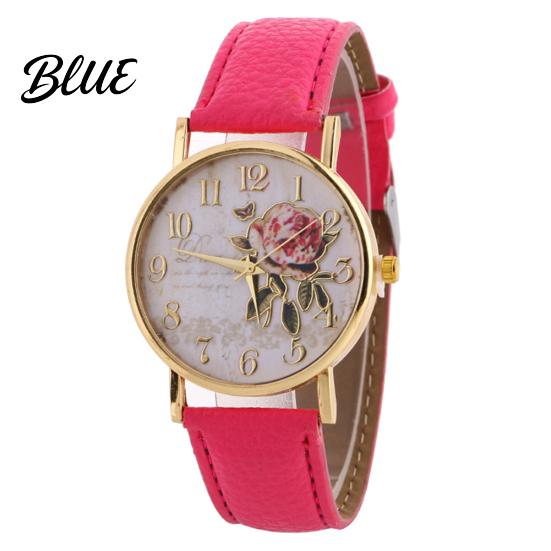 Women Arabic Number Rose Flower Round Dial Faux Leather Band Quartz Wrist Watch