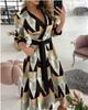 Women's Spring/Summer Fashion V-Neck Long-Sleeve Printed Hip Dress