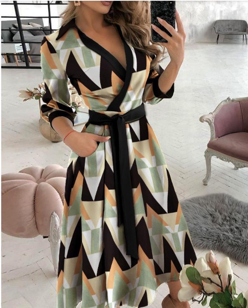 Women's Spring/Summer Fashion V-Neck Long-Sleeve Printed Hip Dress