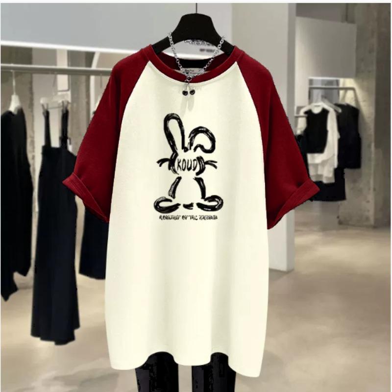 Short-sleeved T-shirt for Women's Pure Cotton Summer New Rabbit Graffiti Korean Loose and Fashionable Mid-length Top