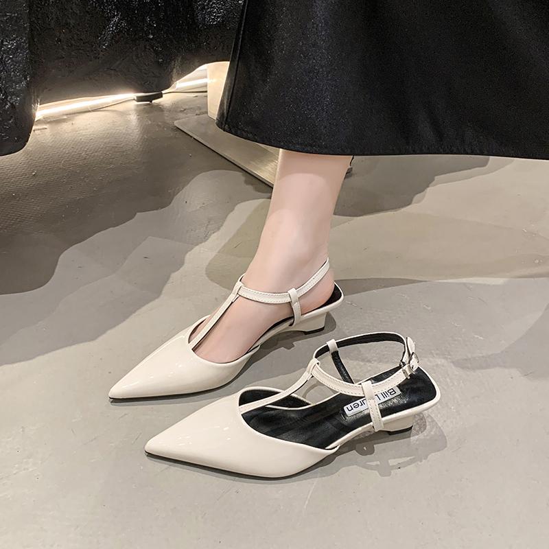 Spring 2025 Fashion Pointed Toe T-Strap Wedge Sandals Women's Shoes Slip-On Regenerated Leather Upper Comfortable Heel Design