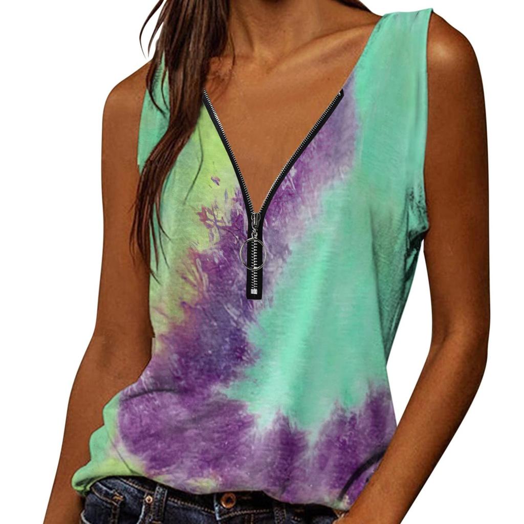 Women's  Fashion Summer New Print V-Neck Zipper Sleeveless Casual Tank Tops
