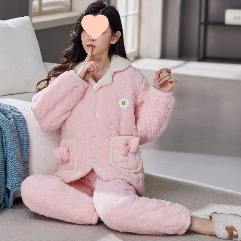 Pajamas women's winter warm winter fleece thickened coral fleece three layers of cotton autumn and winter women's loungewear