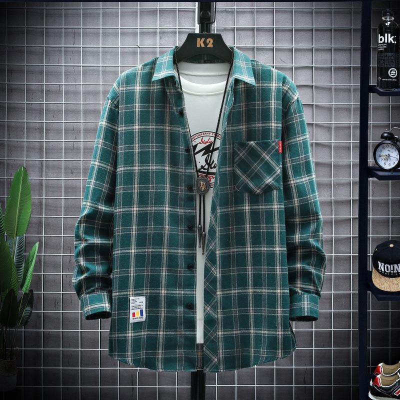 Spring Autumn Men's Long-sleeved Lapel Plaid Shirt Men's Versatile Retro Casual Shirt Blouse Jacket Men's Striped Plaid Shirt