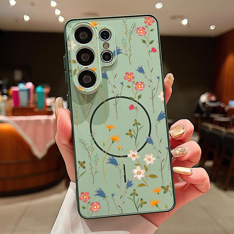 

Чехол с принтом «Цветочный сад» для Samsung Galaxy S26 Ultra S25 Edge S24 Plus S23 FE S22 A54 A55 A56 5G, магнитный, для MagSafe, матовый. Samsung S25 FE зелёный