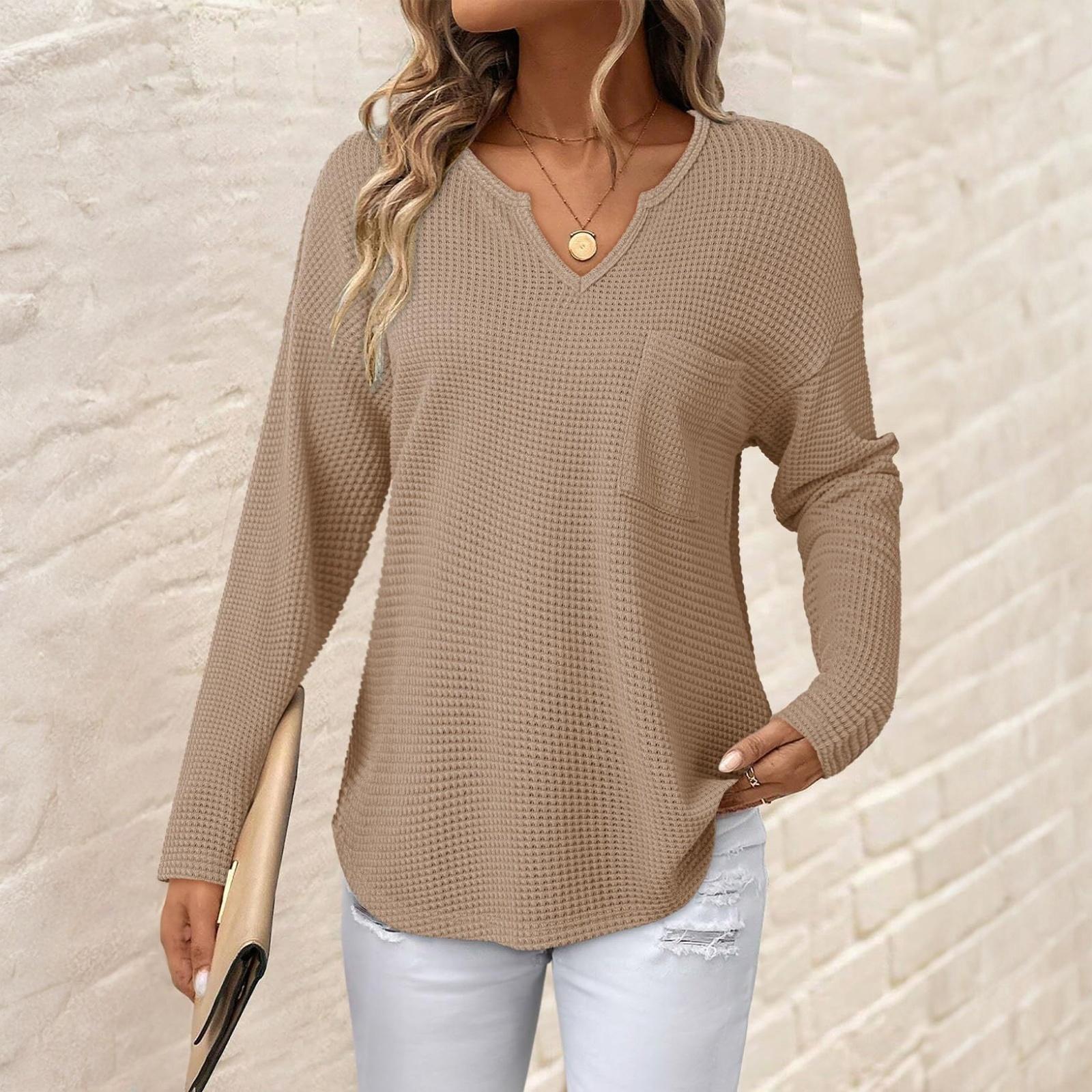 

Women s Loose And Comfortable Solid Color Casual Fashion Long Sleeved V-neck Pocket Top M верблюд