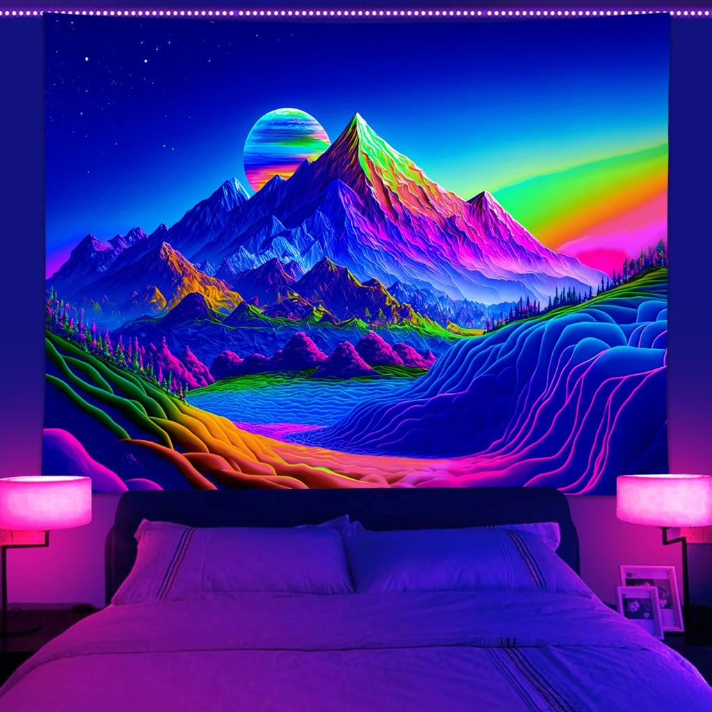Blacklight UV Reactive Tapestry Psychedelic Trippy Wall Hanging Peach Skin 2D Flat Print Bedroom Aesthetic Party Decor 150x130
