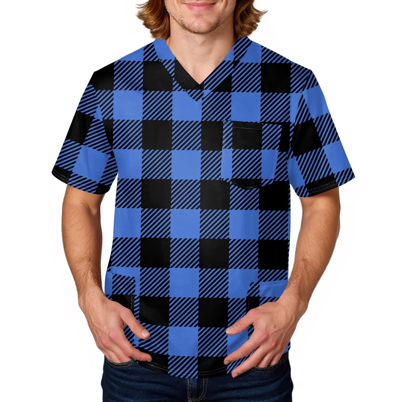 Мужская полосатая клетчатая футболка | V-образный вырез с карманами, свободный крой для, ухода и повседневной работы M синий