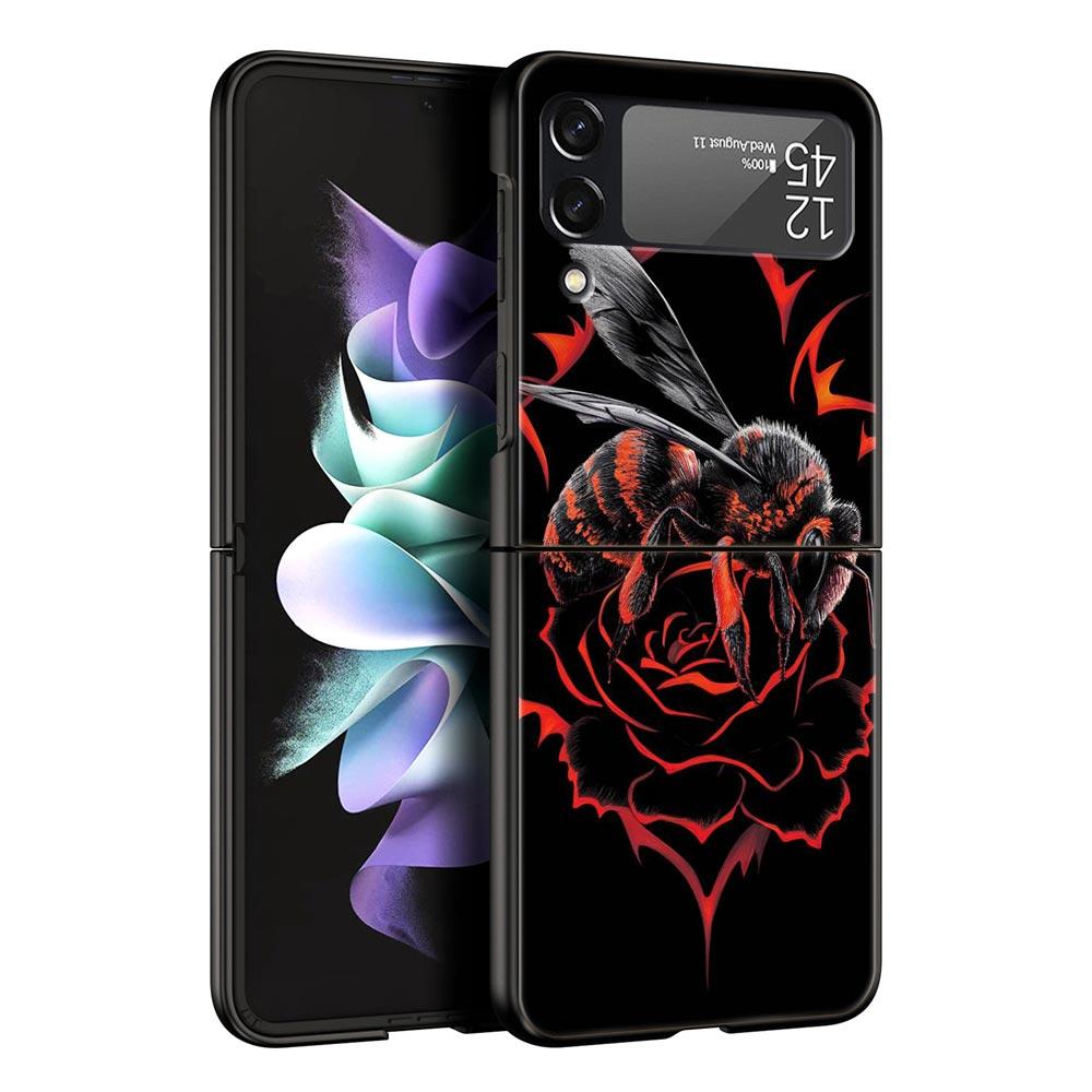 Honeybee Flower Pattern Hard PC Phone Case For Samsung Galaxy Z Flip 7 6 5 4 Black Cover For Galaxy Z Flip 3 Foldable Shell Bags