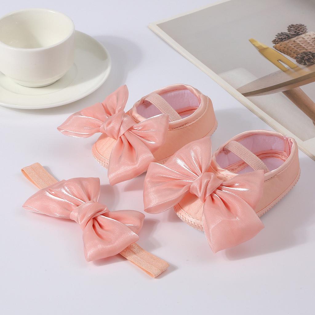 Princess Bowknot Baby Girls Baptism Shoes with Headband Cute Shiny  Flats and Hairband Soft Sole Kids First Walkers