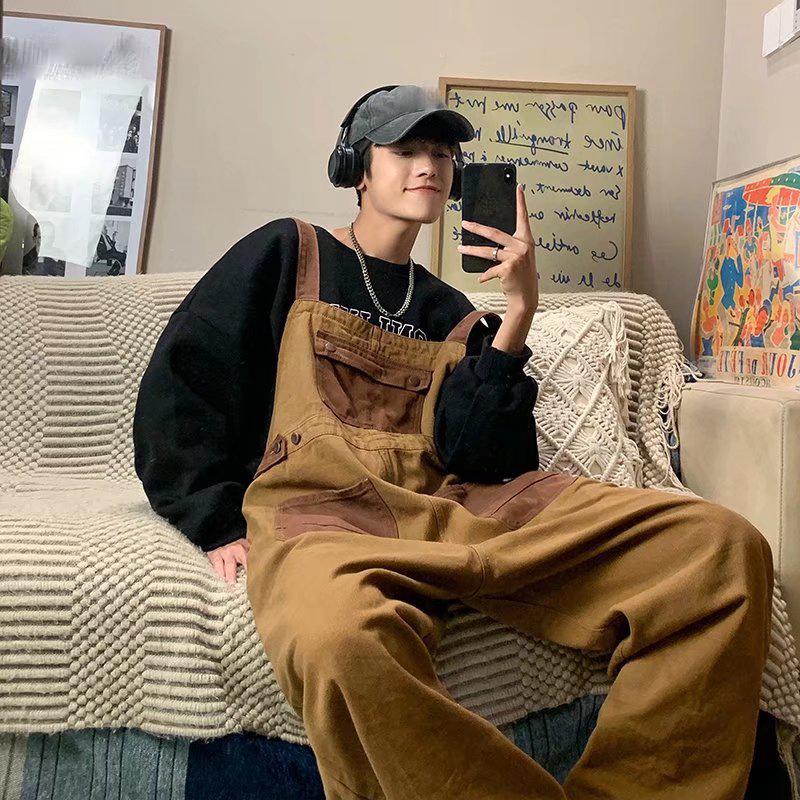 Men's Orange Brown Overalls Wear Loose Straight Overalls Mens Versatile Fashionable Pants