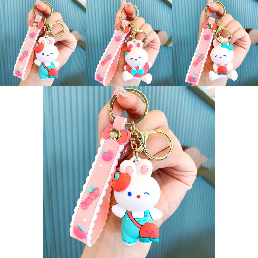 Adorable Cartoon Bunny Keychain Soft Rubber White Rabbit Peach Dressed