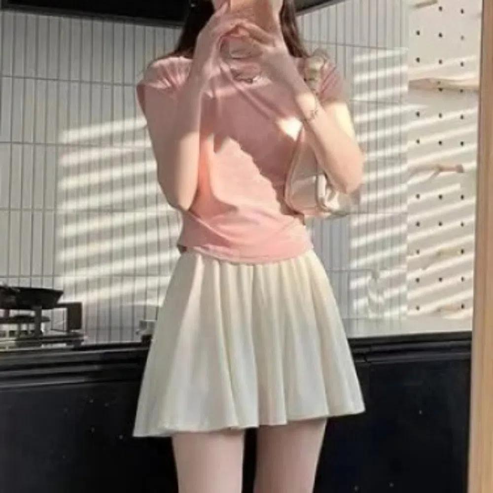 

Ice Silk Skirts with Safty Pants Straight A-line Mini Skirt Sweet Pleated Skirts Women Female L рожевий