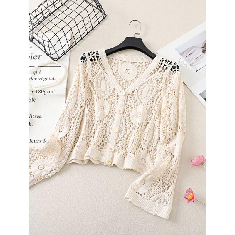 Fashion V-neck Single Breasted Crocheted Flower Cut Out Knitting Cardigan Outer Long-Sleeves Air Conditioning Shirt Sun Protection Clothing for Women