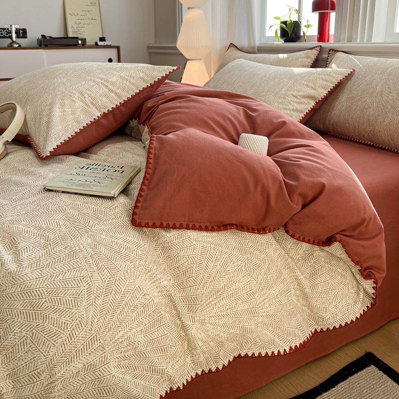 Sleep grid minimalist Nordic style cotton brushed shell edge series four piece set