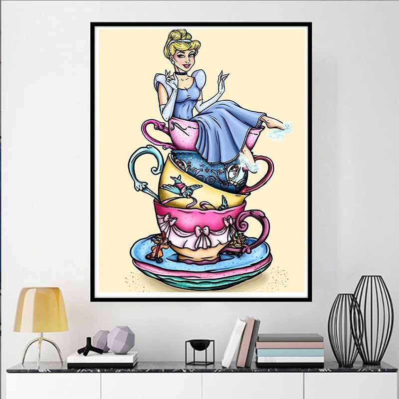 Disney Diamond Painting Cinderella Teacup Stacking Creative Illustration Cartoon Diamond Painting Full Diamond Cross-Stitch DIY Gift Home Decoration