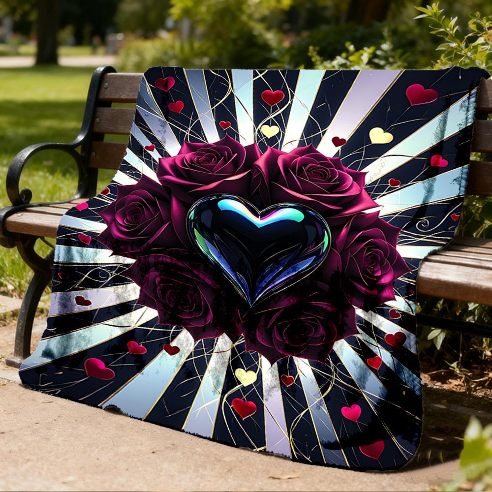 1pc Heart Roses Decorative Print Outdoor Flannel Blanket , Machine Washable Perfect Gift for Birthday , Holiday Travel Accessory , Durable Material
