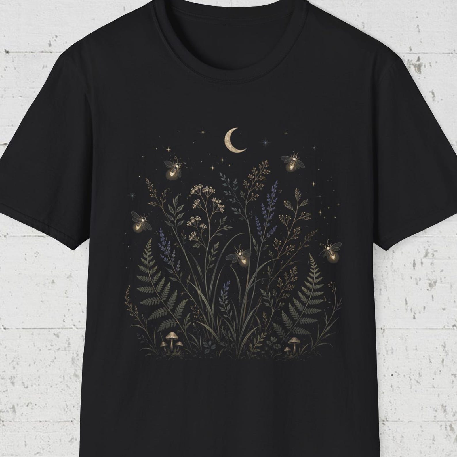 Firefly Meadow Shirt, Moon Garden Tee, Botanical Night T shirt, Cottagecore Nature Shirt, Wildflower Firefly Tee XL