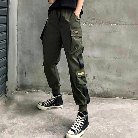 Women Loose Cargo Pants Multi Pockets Elastic Waist Casual Lady Trousers Plus Size