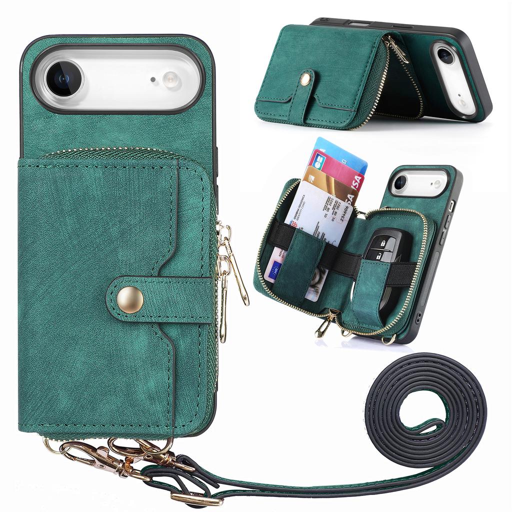 For iPhone Air PU Leather Phone Back Cover with Zipper Card Holder and Long Strap